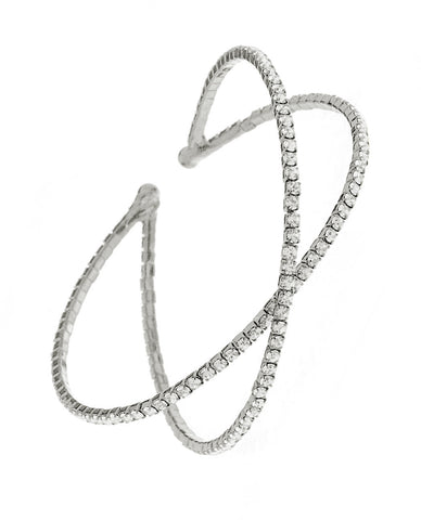 nyfashion101 Women's Single Row Rhinestone Criss Cross Cuff Bracelet in Silver-Tone