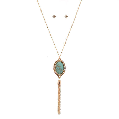 nyfashion101 Women's Stud Border Oval Stone Pendant Necklace and Earrings Set