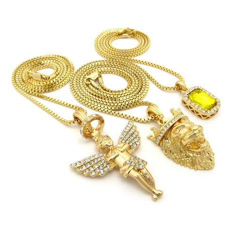 Nyfashion101 Yellow Stone Halo Angel & King Lion Pendant Set W/ Multi Length Box Chains In Gold-Tone