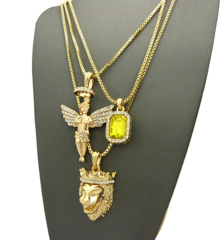 Nyfashion101 Yellow Stone Halo Angel & King Lion Pendant Set W/ Multi Length Box Chains In Gold-Tone
