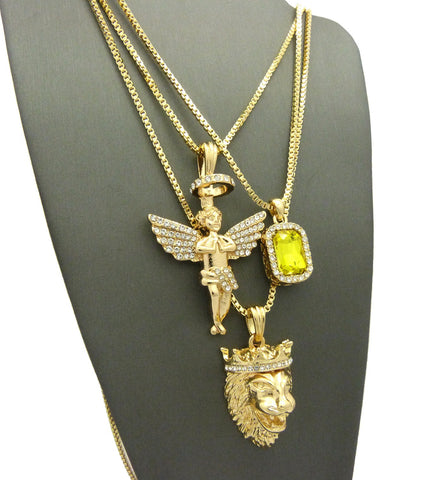 Nyfashion101 Yellow Stone Halo Angel & King Lion Pendant Set W/ Multi Length Box Chains In Gold-Tone