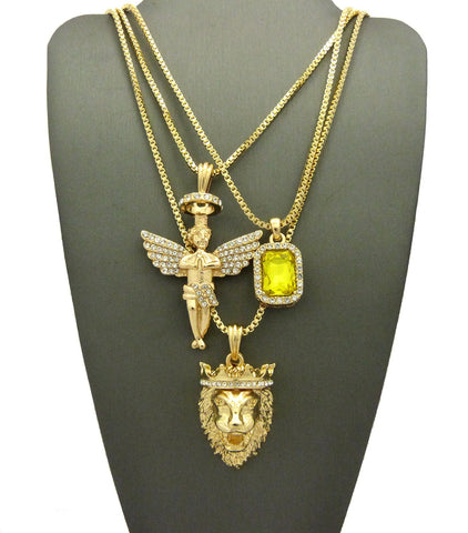 nyfashion101 Yellow Stone Halo Angel & King Lion Pendant Set w/ Multi Length Box Chains in Gold-Tone