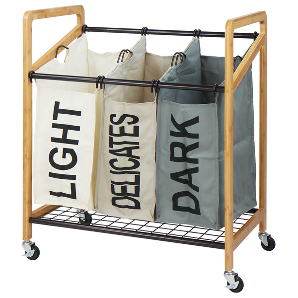 Oceanstar Oceanstar 3-Bag Rolling Cart Laundry Sorter Bamboo STBS1712-HG-COLOR
