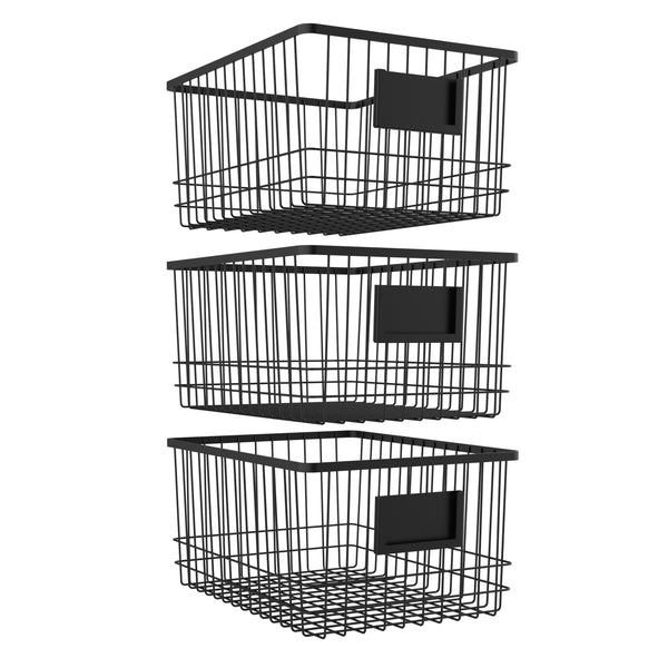 oceanstar Oceanstar Metal Wire Organizer Bin Basket with Card Holder Set of 3 Black - WBH1903