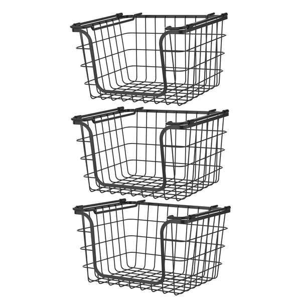 oceanstar Oceanstar Stackable Metal Wire Storage Basket Set for Pantry Countertop Kitchen or Bathroom – Black Set of 3