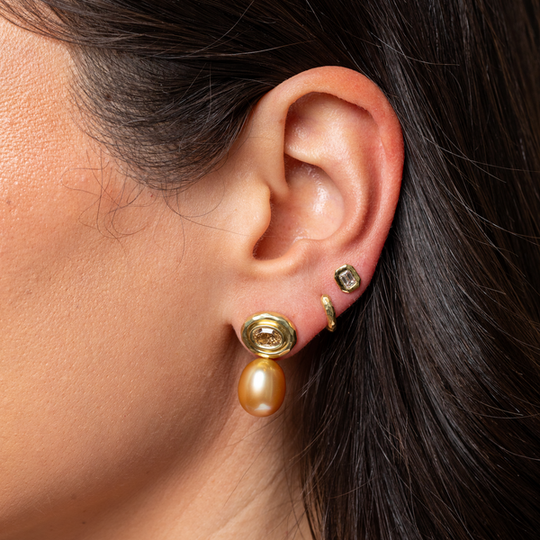 Octavia Elizabeth Double Orbit Golden Pearl & Diamond Earring