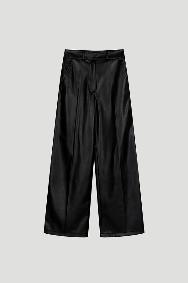 Oh April Aura Wide Vegan Leather Pants Black