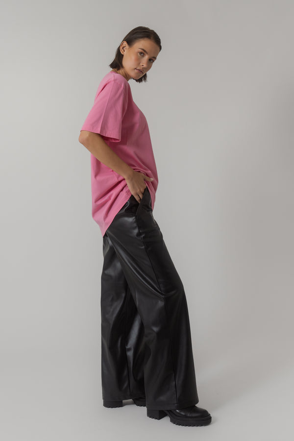 Oh April Aura Wide Vegan Leather Pants Black