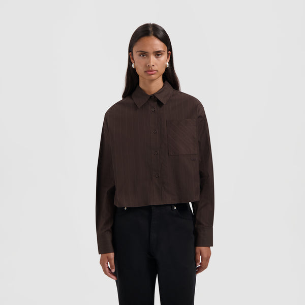 olaf hussein Pinstripe Cropped Shirt Hot Fudge