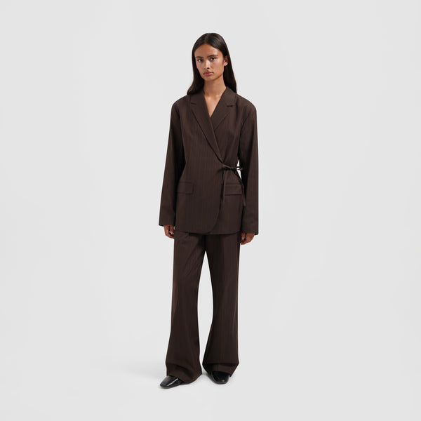 Olaf Hussein Pinstripe Tie Detail Blazer Hot Fudge