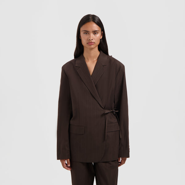 olaf hussein Pinstripe Tie Detail Blazer Hot Fudge