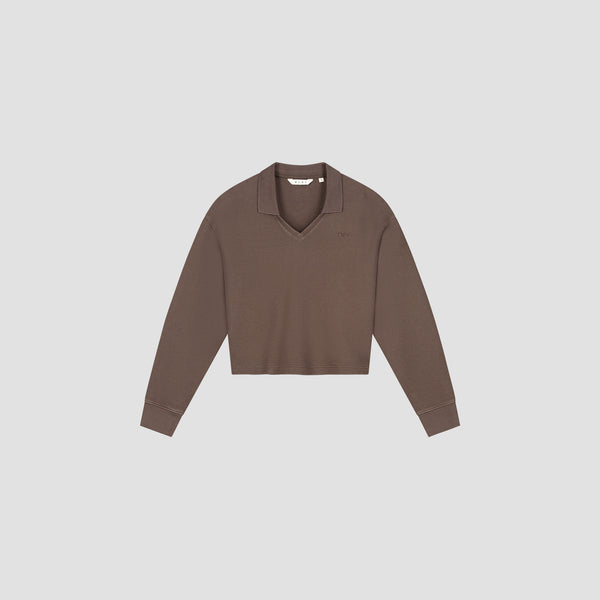 Olaf Hussein Waffle Polo Top Long Sleeve Hot Fudge