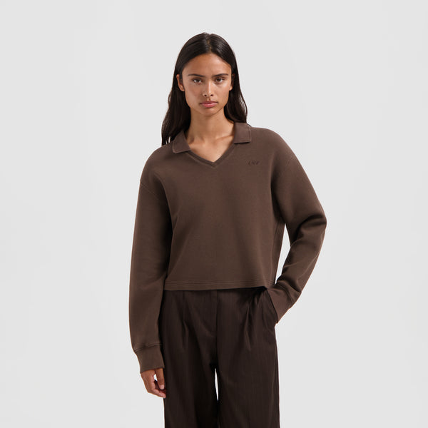 olaf hussein Waffle Polo Top Long Sleeve Hot Fudge