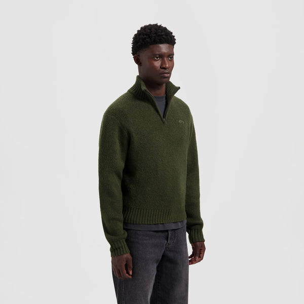 olaf hussein Signature Knitted Zip Mock Olive Night