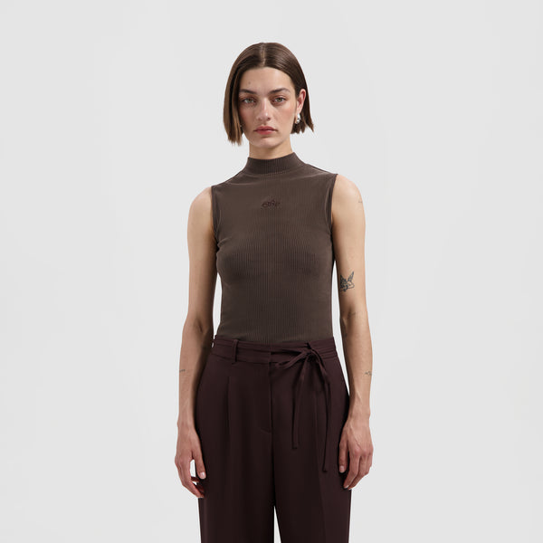 olaf hussein Signature Logo Mock Neck Top Hot Fudge