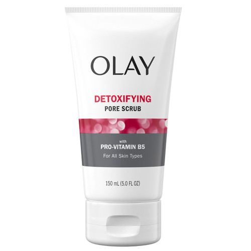 olay Detoxifying Pore Scrub with Pro-Vitamin B5 increases surface cell turnover to reveal softer skin
