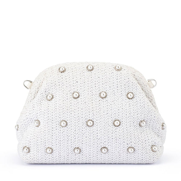 olga berg KAIA Studded Woven Clutch