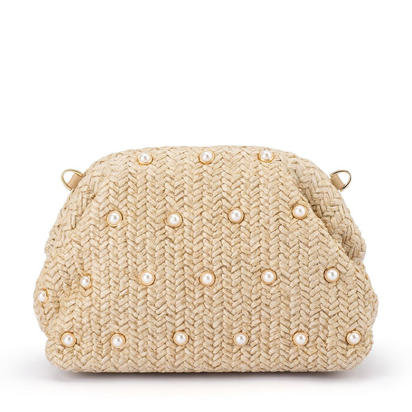 olga berg KAIA Studded Woven Clutch