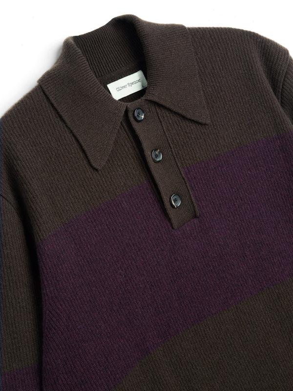 Oliver Spencer Wren Knitted Polo Shirt Paxton Brown/Purple