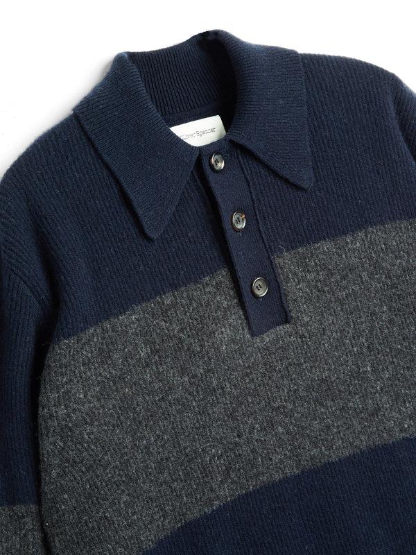 Oliver Spencer Wren Knitted Polo Shirt Paxton Navy/Charcoal