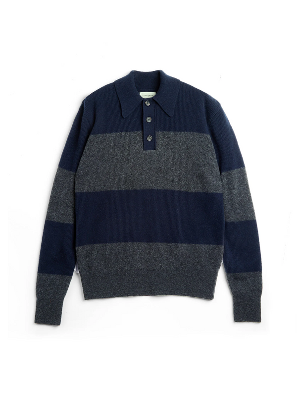 oliver spencer Wren Knitted Polo Shirt Paxton Navy/Charcoal