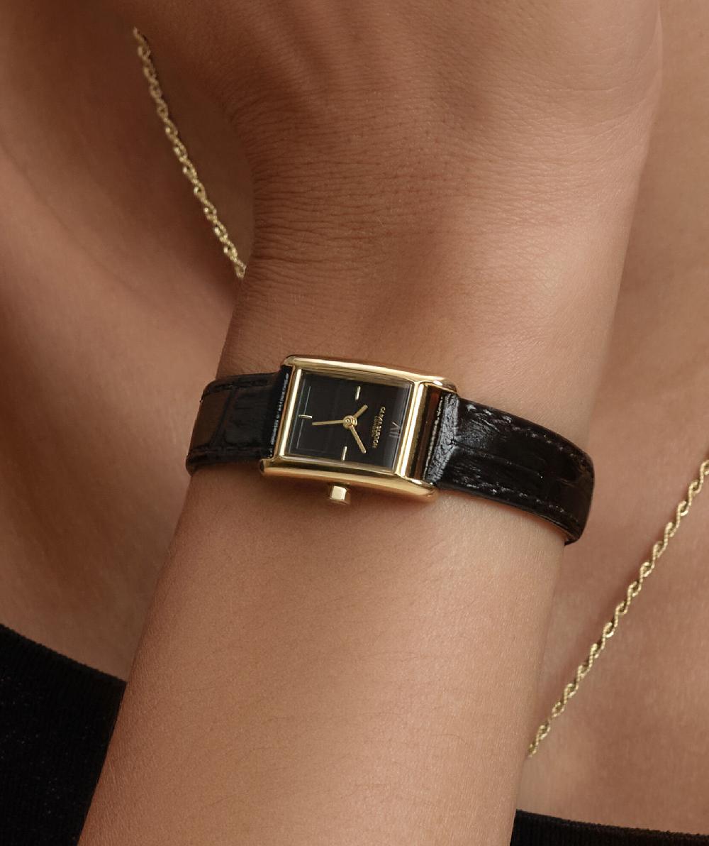 Olivia Burton 16mm Mini Grove Gold & Black Croc Leather Strap Watch