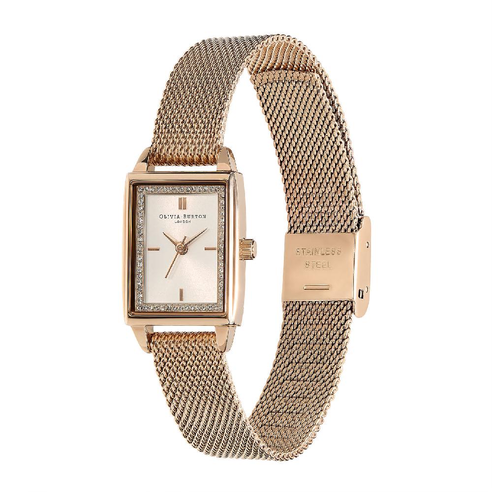 Olivia Burton 21mm Rectangle White & Carnation Gold Mesh Watch