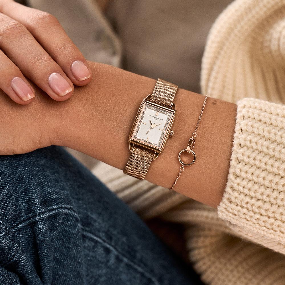 Olivia Burton 21mm Rectangle White & Carnation Gold Mesh Watch