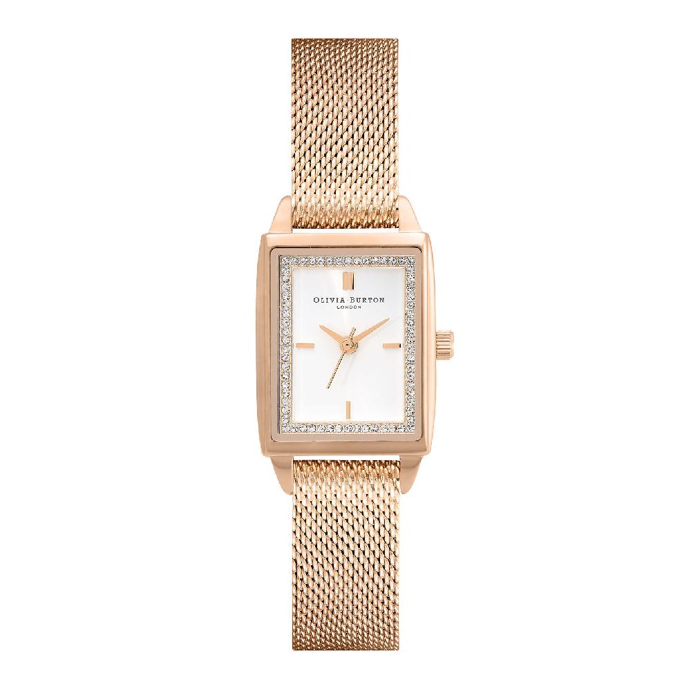 olivia burton 21mm Rectangle White & Carnation Gold Mesh Watch