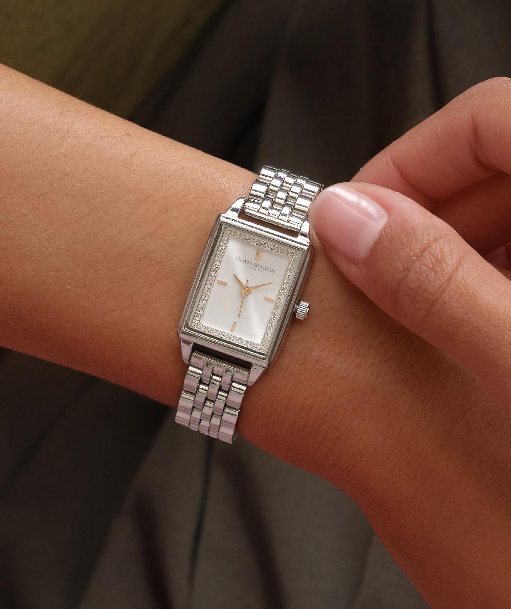 Olivia Burton 21mm Rectangle White & Silver Bracelet Watch