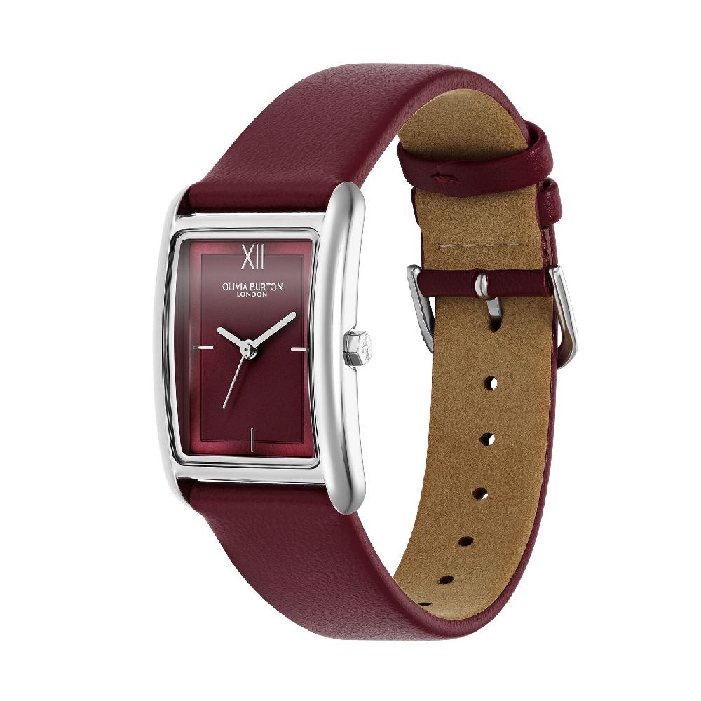 Olivia Burton 23mm Grove Silver & Cranberry Leather Strap Watch