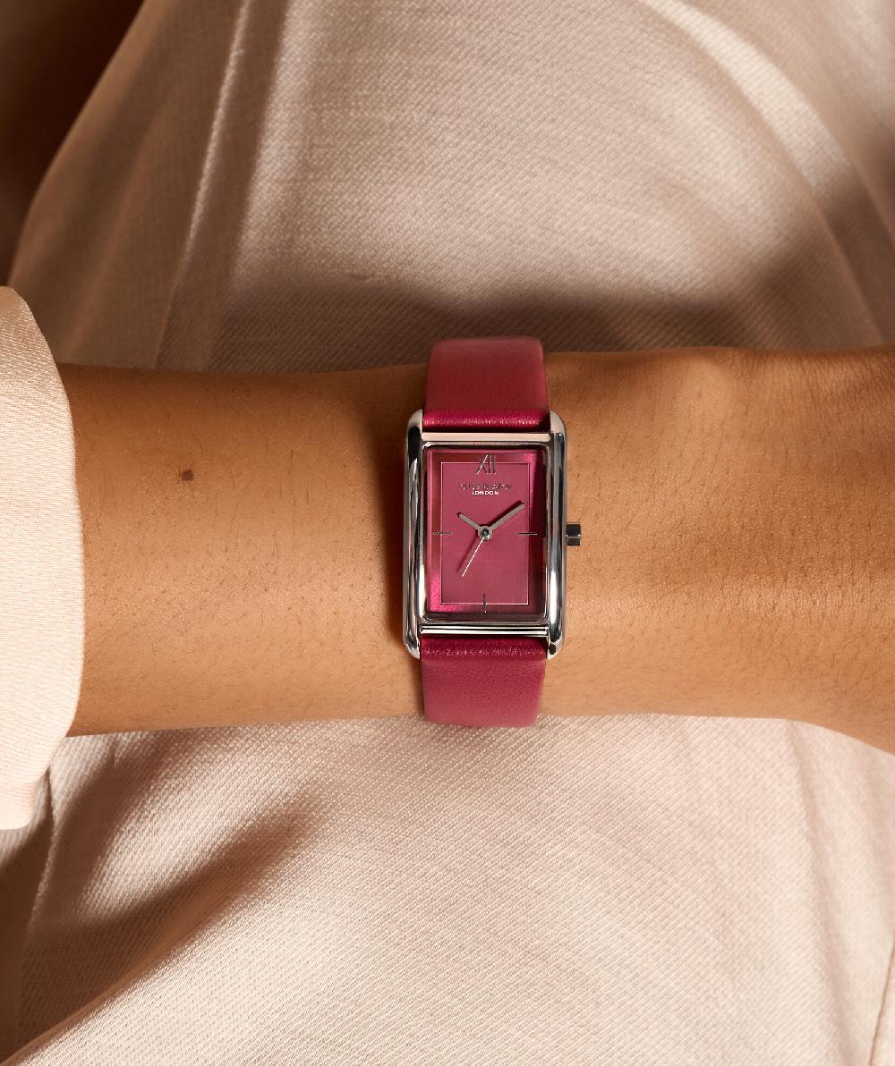 Olivia Burton 23mm Grove Silver & Cranberry Leather Strap Watch