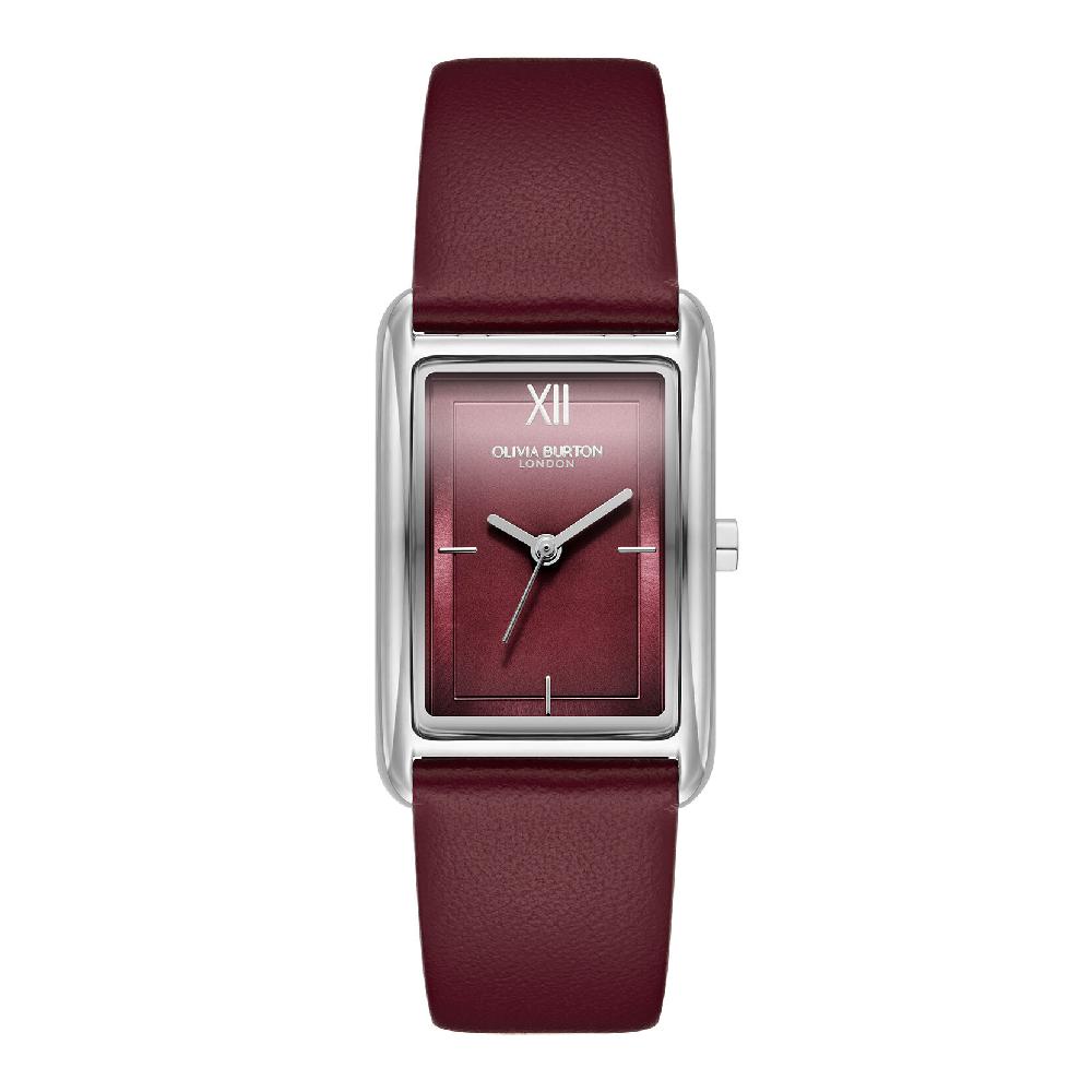 olivia burton 23mm Grove Silver & Cranberry Leather Strap Watch