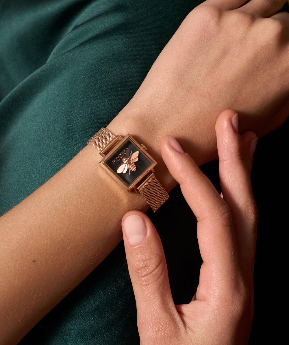 Olivia Burton 23mm Lucky Bee Black & Rose Gold Mesh Watch