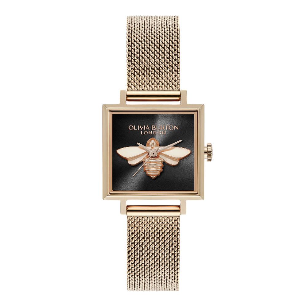 olivia burton 23mm Lucky Bee Black & Rose Gold Mesh Watch