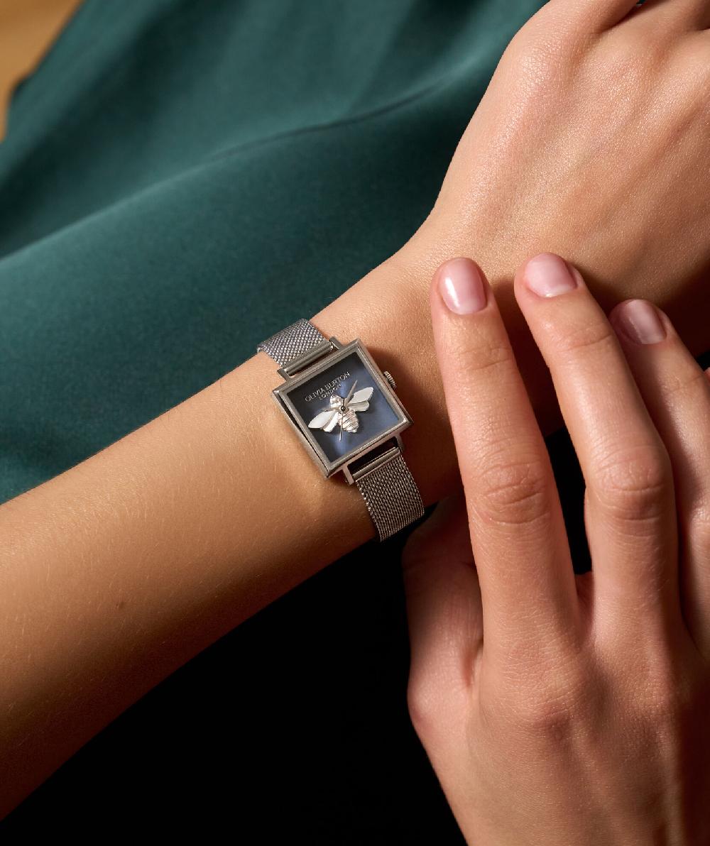 Olivia Burton 23mm Lucky Bee Blue & Silver Mesh Watch