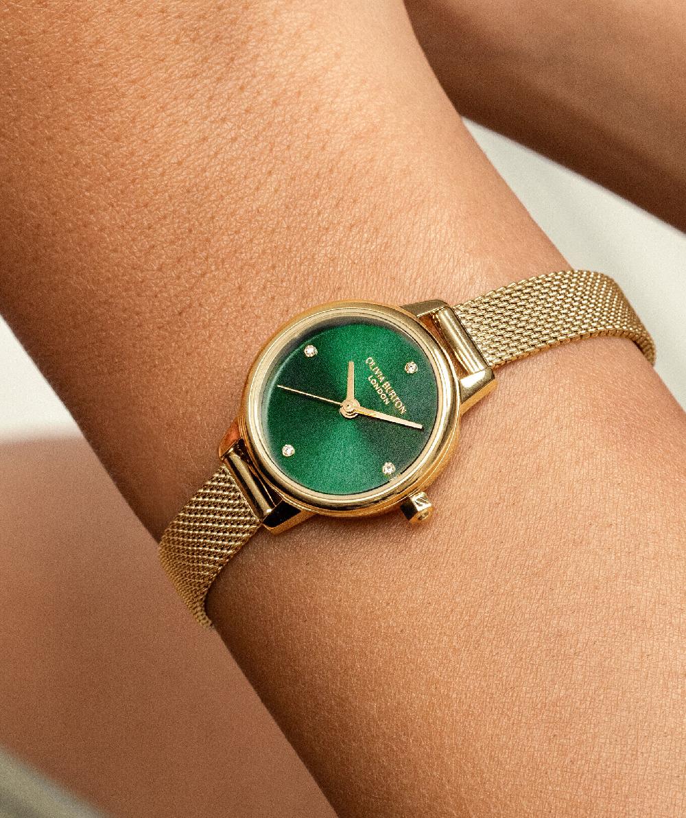 Olivia Burton 23mm Mini Forest Green & Gold Mesh Watch