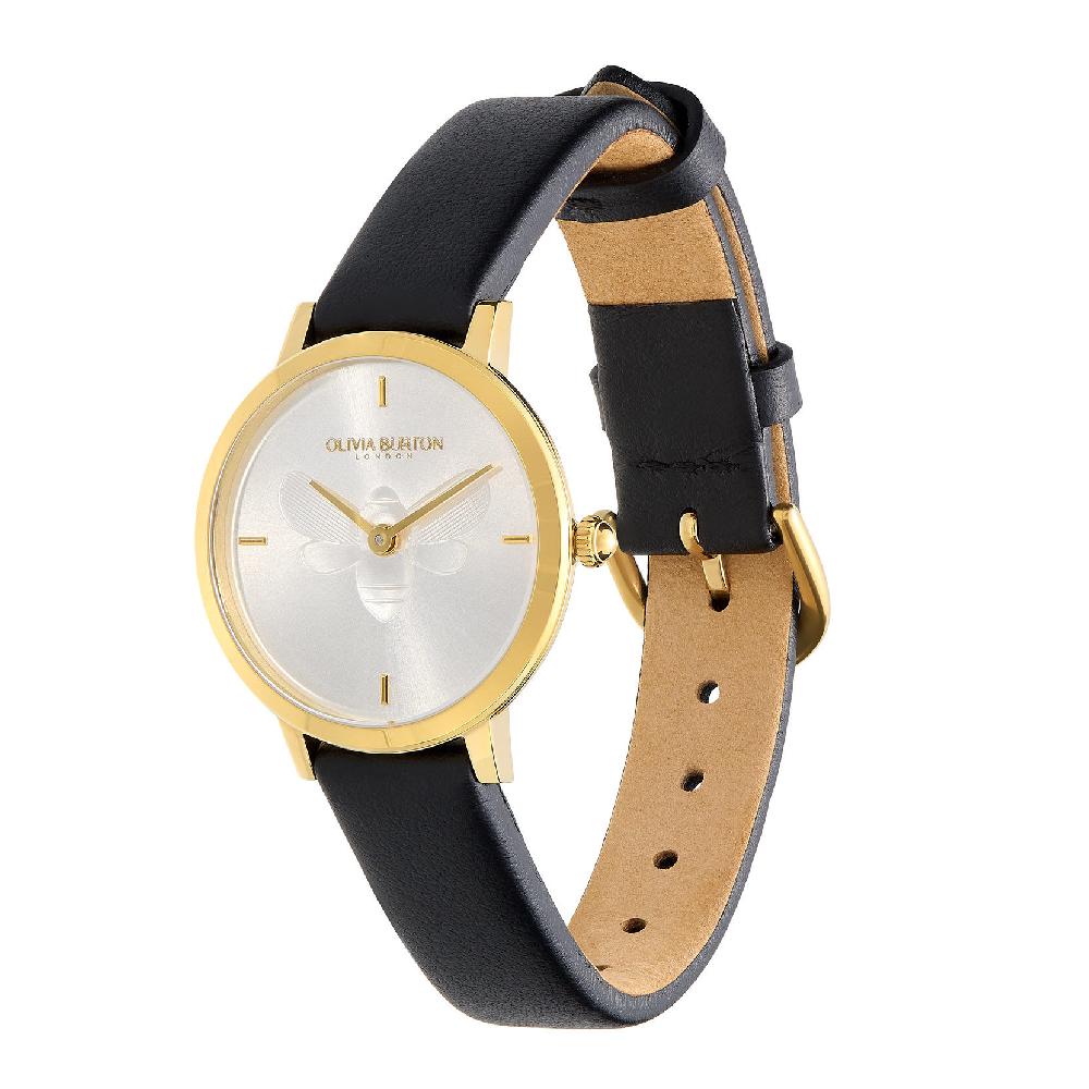 Olivia Burton 28mm Bee Ultra Slim Gold & Black Leather Strap Watch