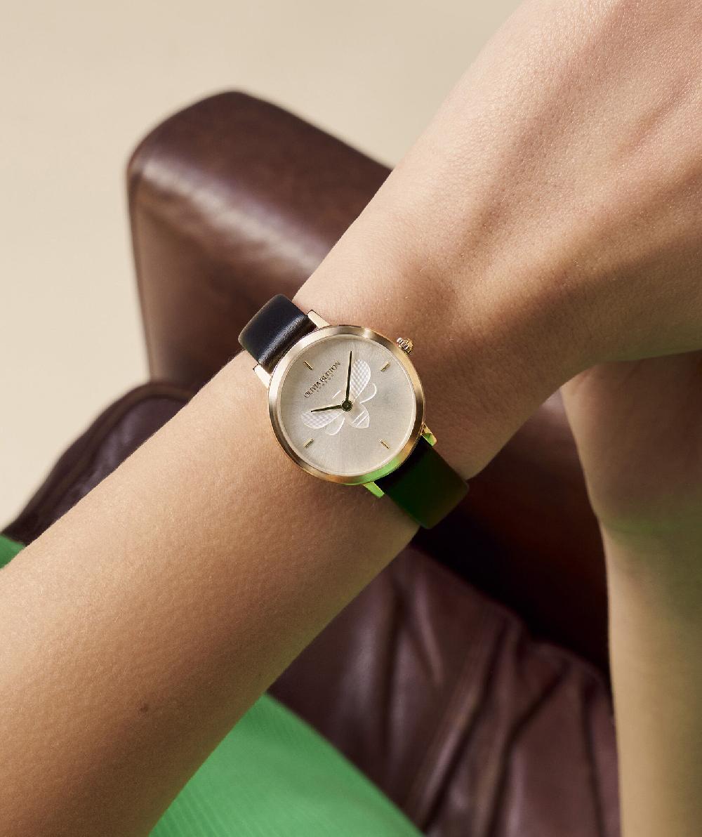 Olivia Burton 28mm Bee Ultra Slim Gold & Black Leather Strap Watch