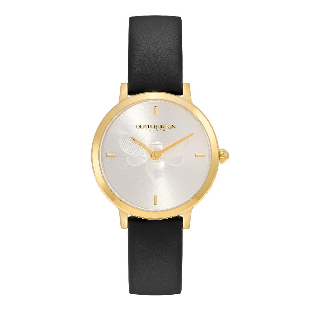 olivia burton 28mm Bee Ultra Slim Gold & Black Leather Strap Watch