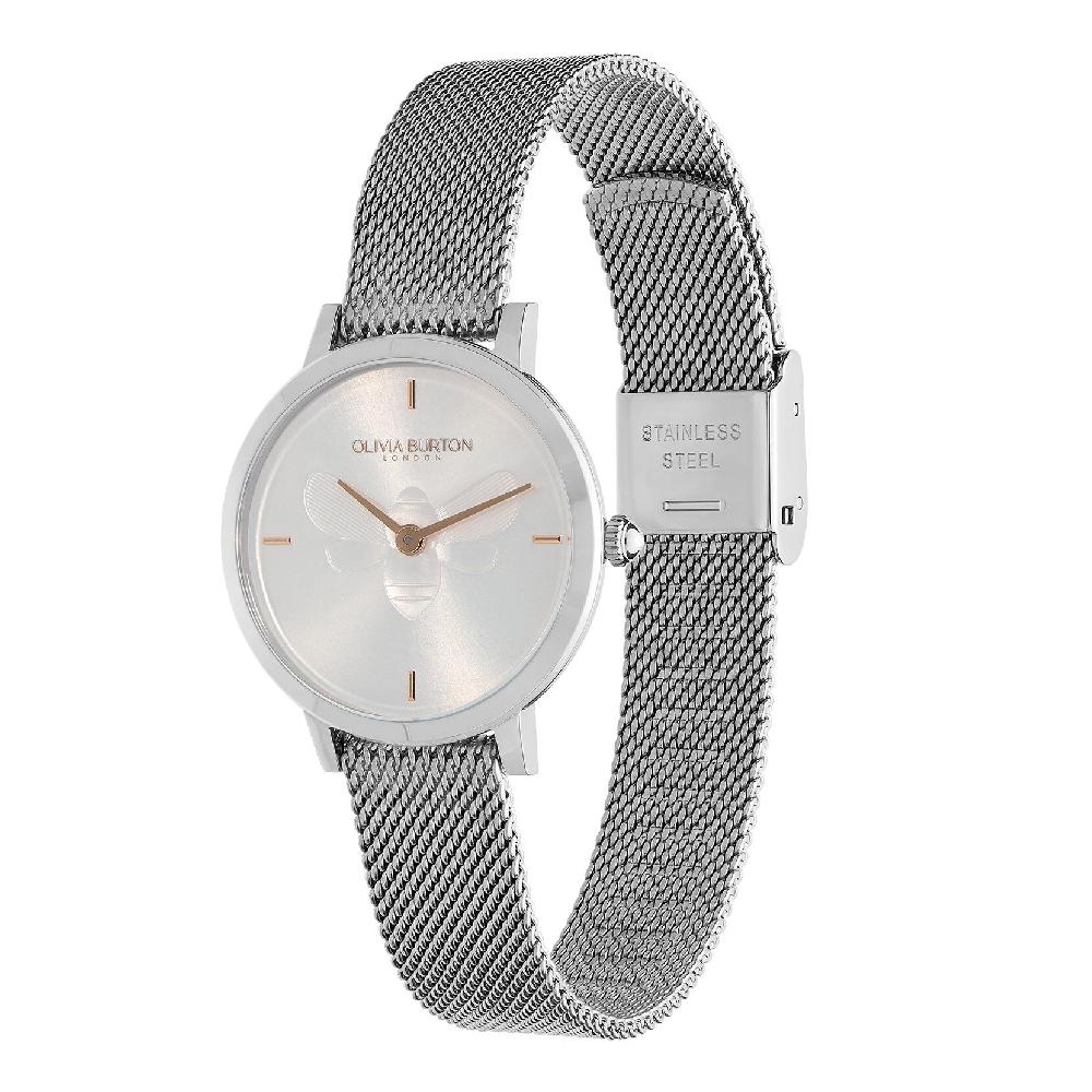 Olivia Burton 28mm Bee Ultra Slim Metallic White & Silver Mesh Watch