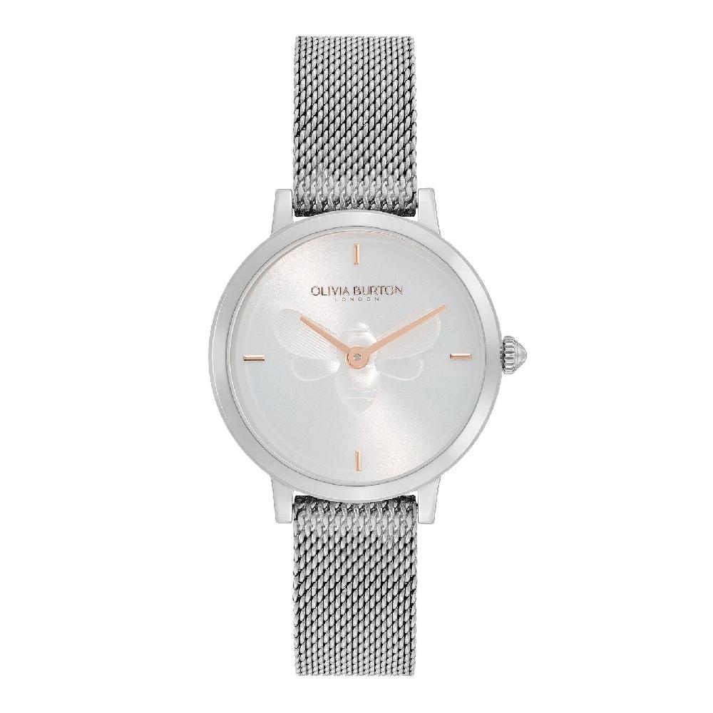 olivia burton 28mm Bee Ultra Slim Metallic White & Silver Mesh Watch