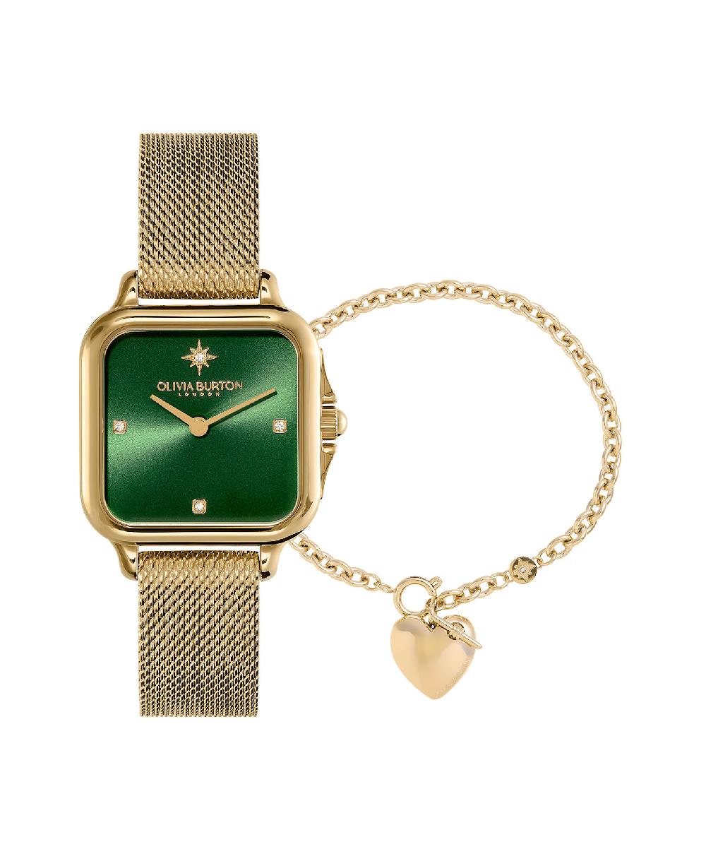 olivia burton 28mm Grosvenor Green & Gold Mesh Watch & Knot Heart Bracelet Gift Set