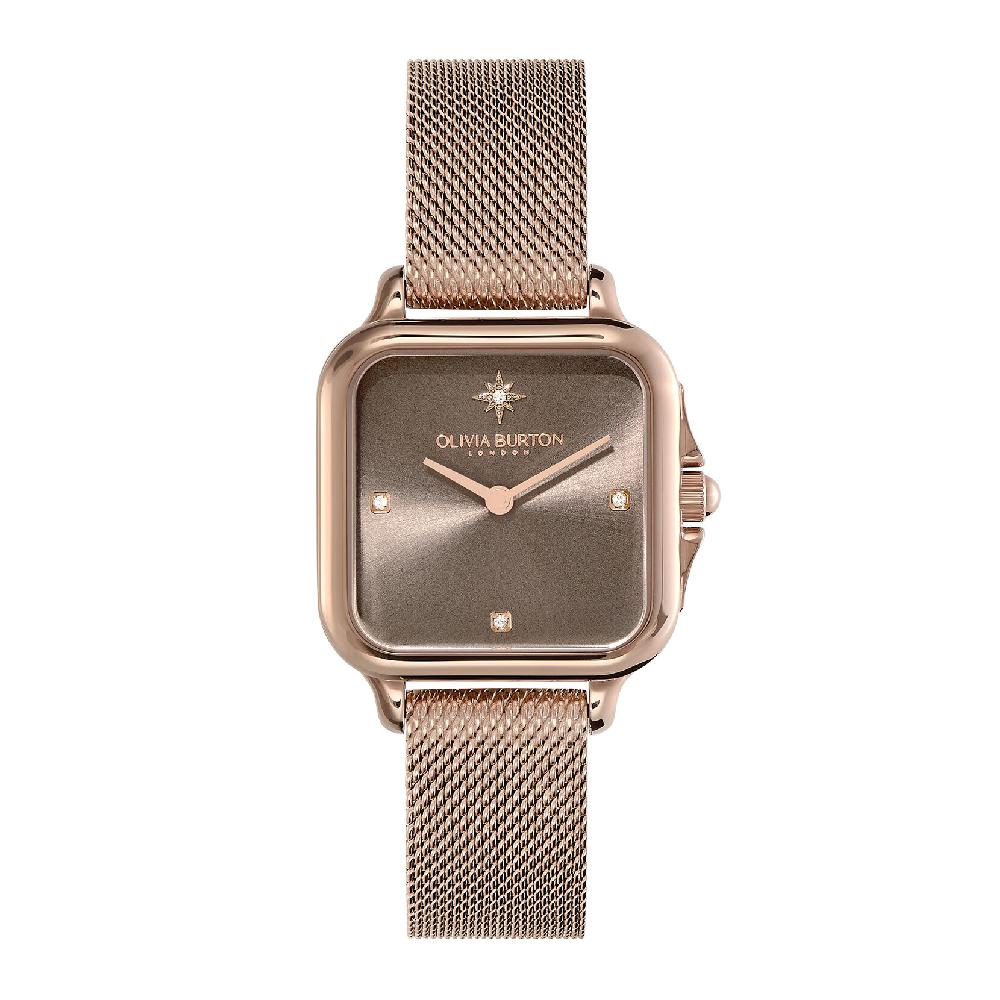 olivia burton 28mm Grosvenor Mushroom & Carnation Gold Mesh Watch