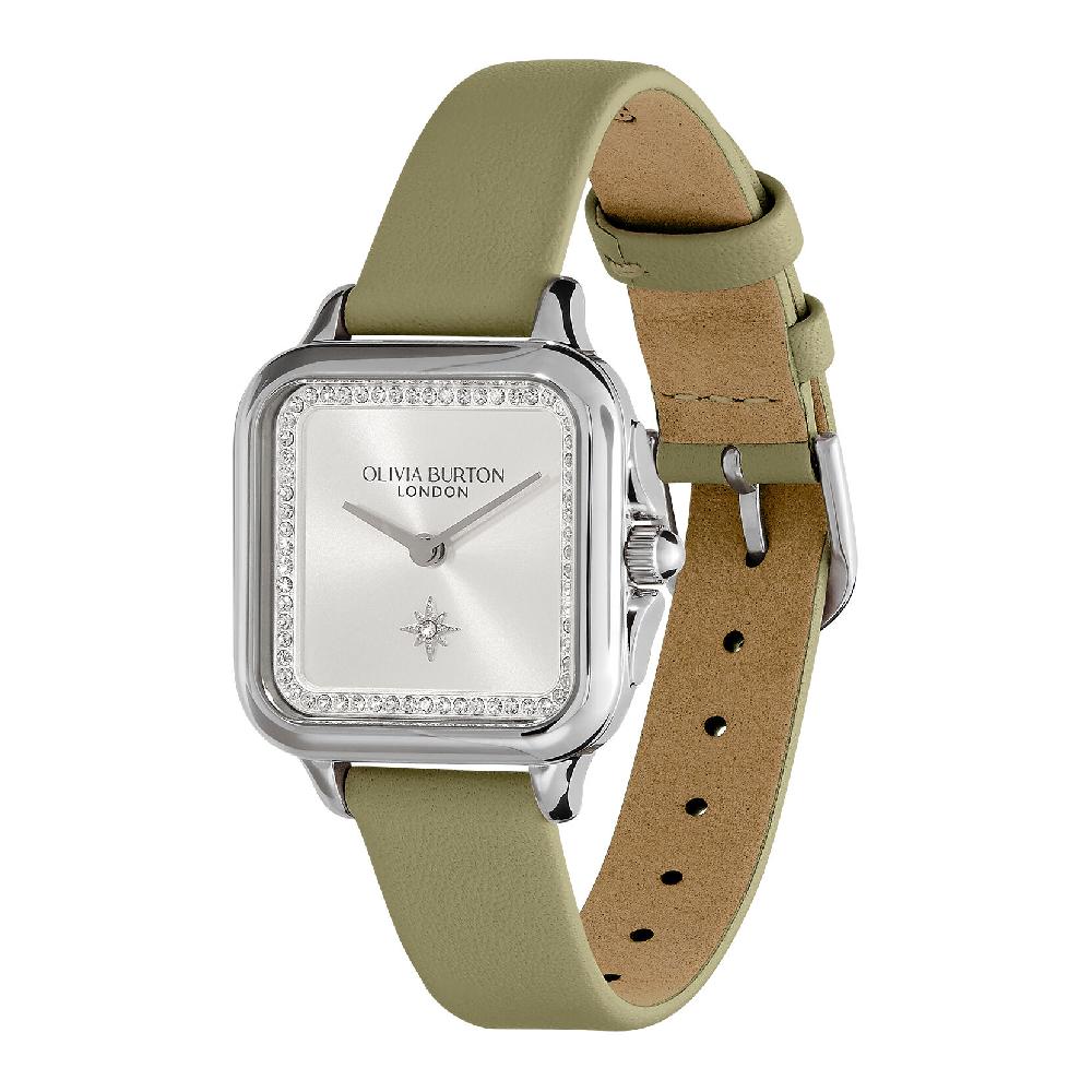 Olivia Burton 28mm Grosvenor Silver & Sage Green Leather Strap Watch