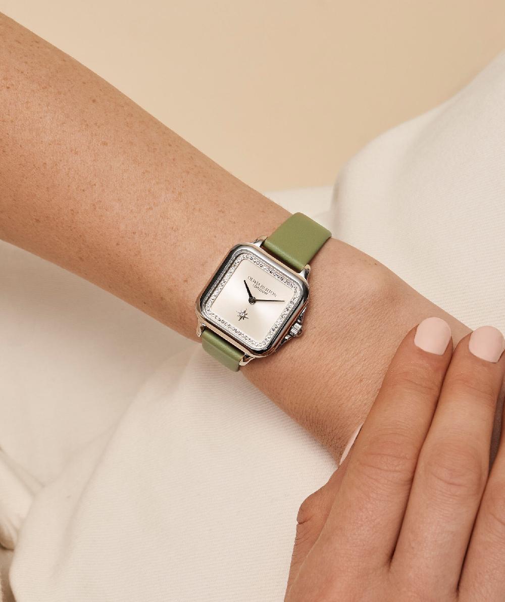 Olivia Burton 28mm Grosvenor Silver & Sage Green Leather Strap Watch