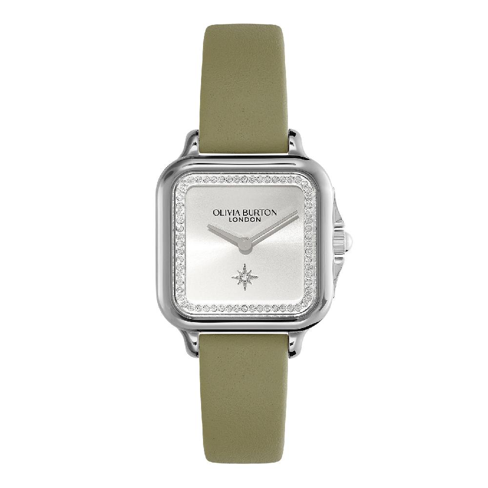 olivia burton 28mm Grosvenor Silver & Sage Green Leather Strap Watch