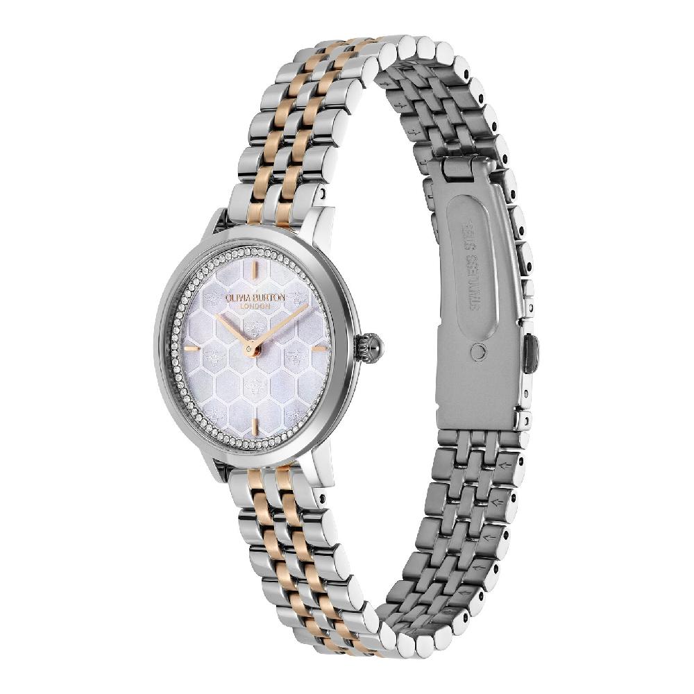 Olivia Burton 28mm Honeycomb Ultra Slim Dove Grey & Two Tone Bracelet Watch