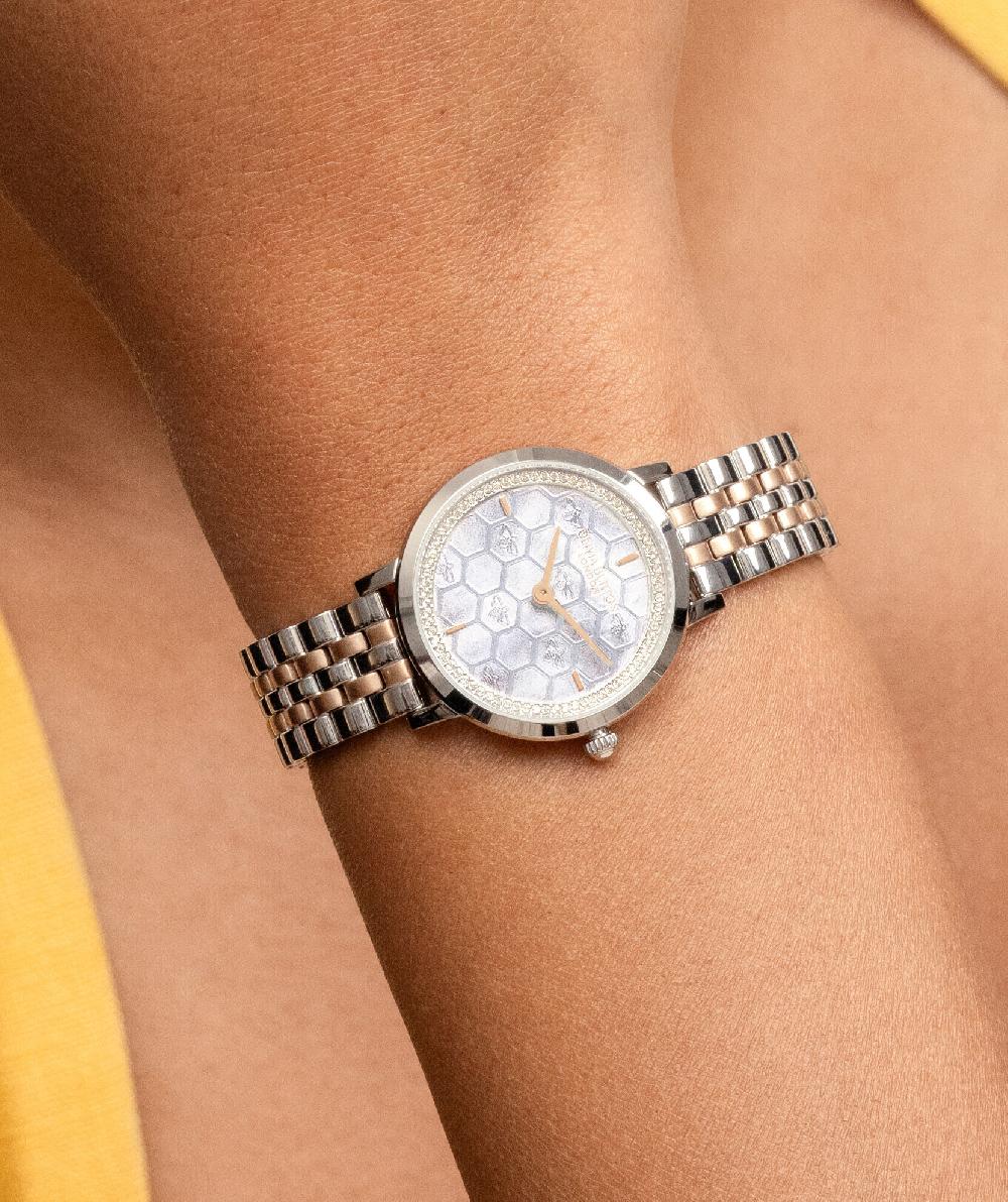 Olivia Burton 28mm Honeycomb Ultra Slim Dove Grey & Two Tone Bracelet Watch