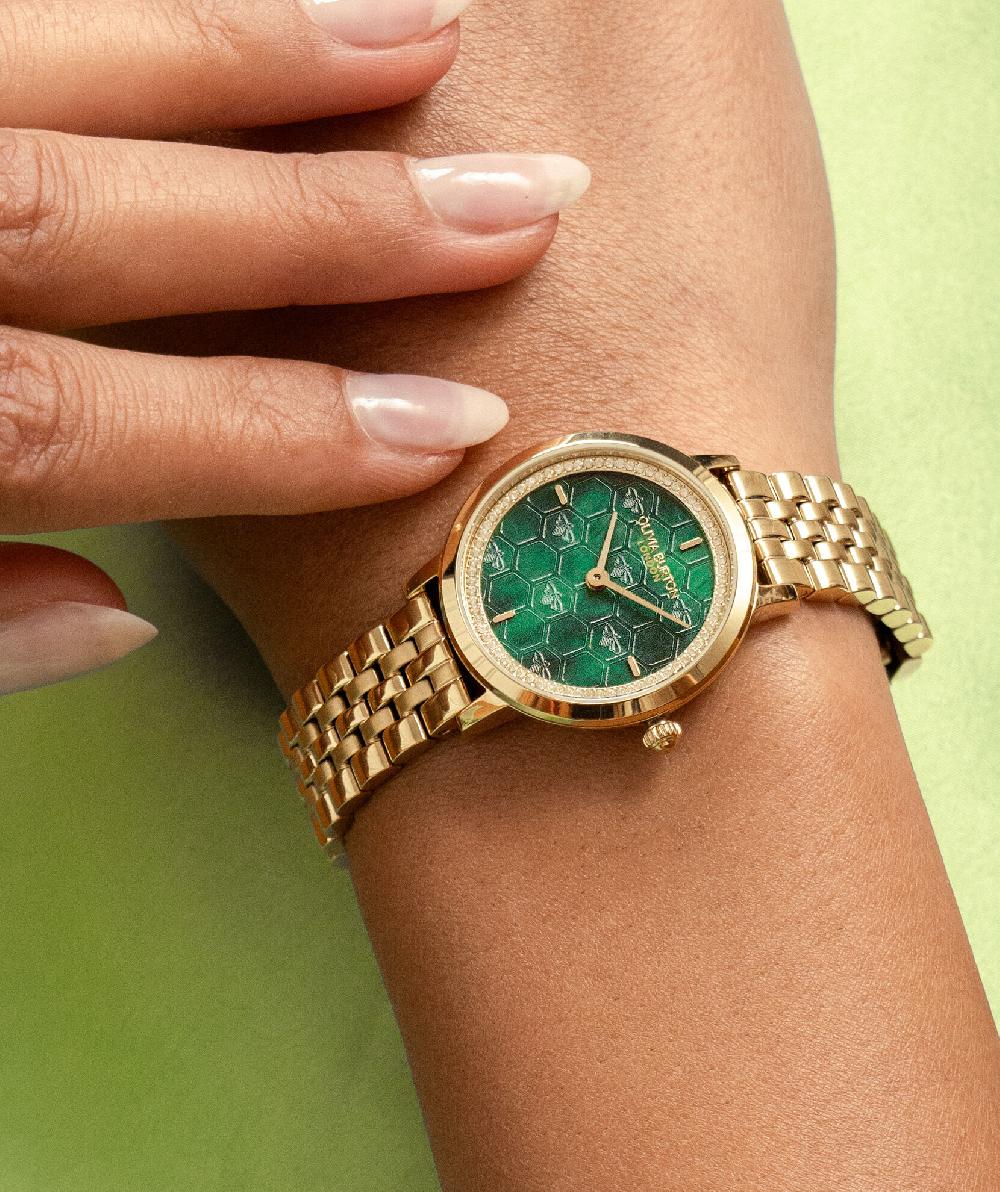 Olivia Burton 28mm Honeycomb Ultra Slim Forest Green & Gold Bracelet Watch